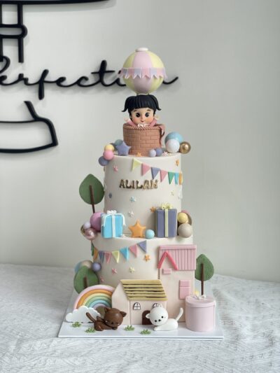 Alilah's 2-Tier Full Fondant Baby Girl in Hot Air Balloon Cake