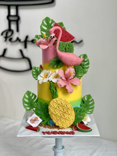 Yudrha's 2-Tier Hawaiian Pineapple & Flamingo Cake
